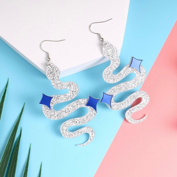 Jewelry - Glittery Silver Snake Oversized Earrings, Festival, Christmas, New Year’s, Party